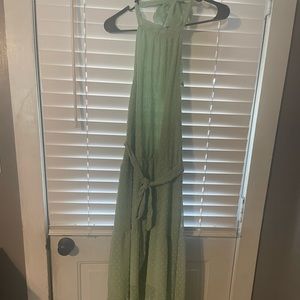 Green high neck. Tie belt. Short under dress with long over layer